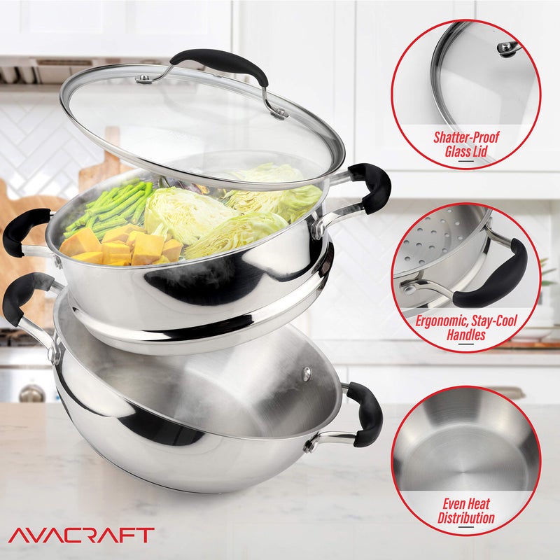 AVACRAFT 18/10, 3 Piece Stainless Steel Steamer Cooking Pot & Pan Set with Glass Lid, Momo Maker, Induction - Image 3